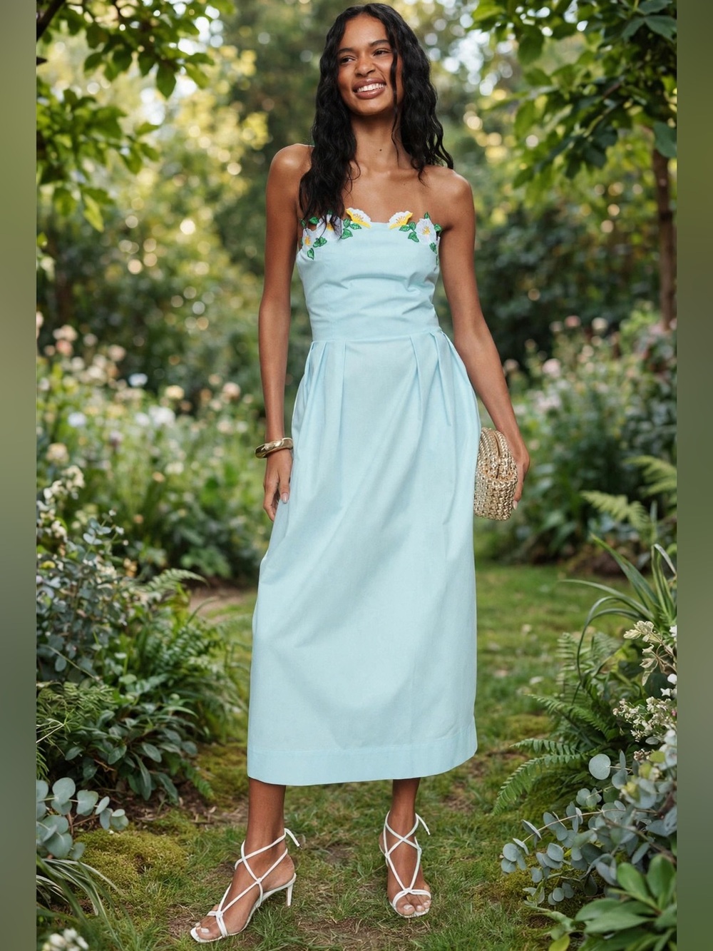 Fanm Mon Lorr Strapless Embroidered Floral Dress Strapless Light blue Sz S